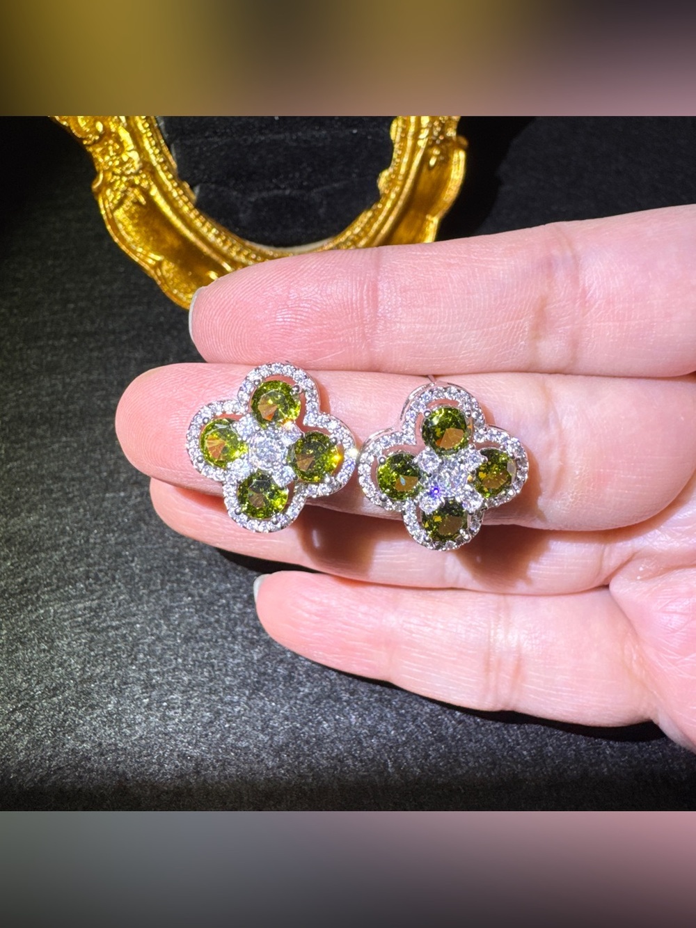 S925 Posts  Green CZ Four Leaf Clover Stud Earrings